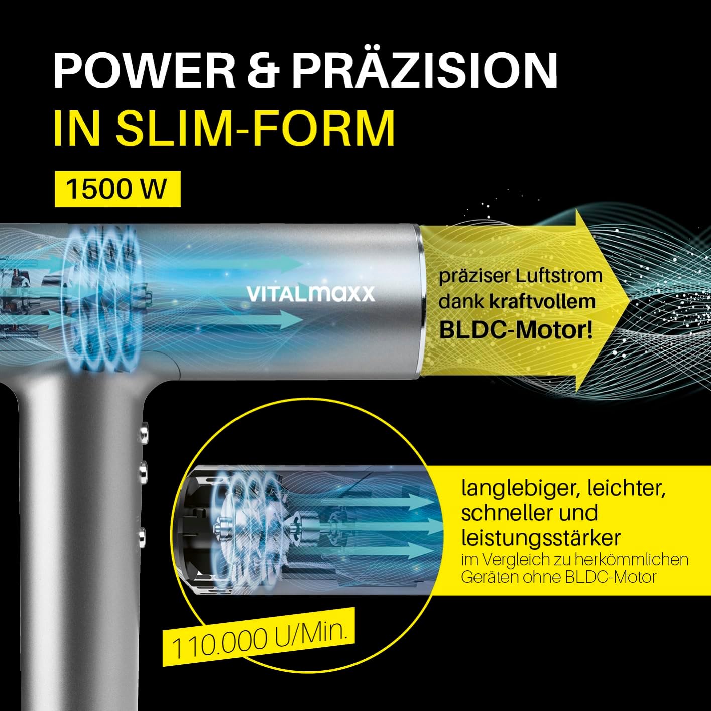 STYLE & SHINE by VITALmaxx Slim Hairdryer - Ionen Föhn mit BLDC-Motor | Haartrockner mit 3 Temperaturstufen & 2 Geschwindigkeiten | 2 Aufsätze und digitales Display | 1500W Hairstyler – extra leise — Ansicht 2