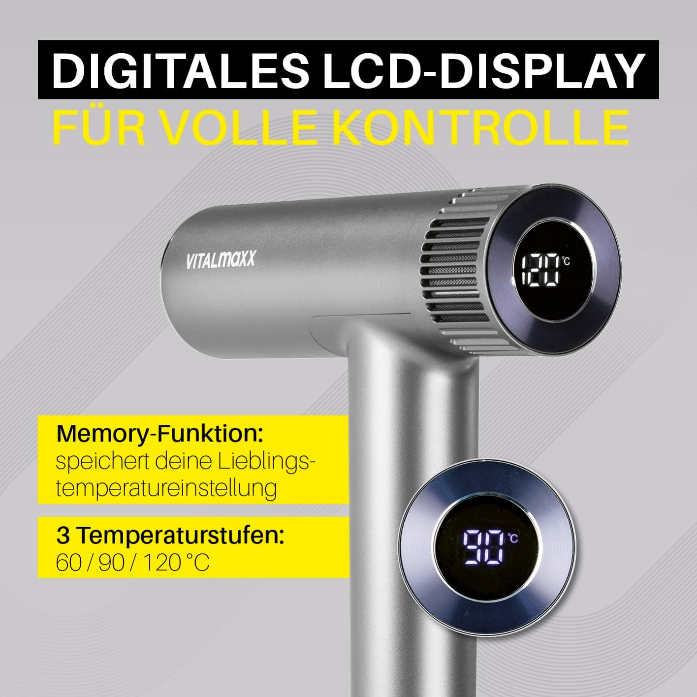 STYLE & SHINE by VITALmaxx Slim Hairdryer - Ionen Föhn mit BLDC-Motor | Haartrockner mit 3 Temperaturstufen & 2 Geschwindigkeiten | 2 Aufsätze und digitales Display | 1500W Hairstyler – extra leise — Ansicht 3