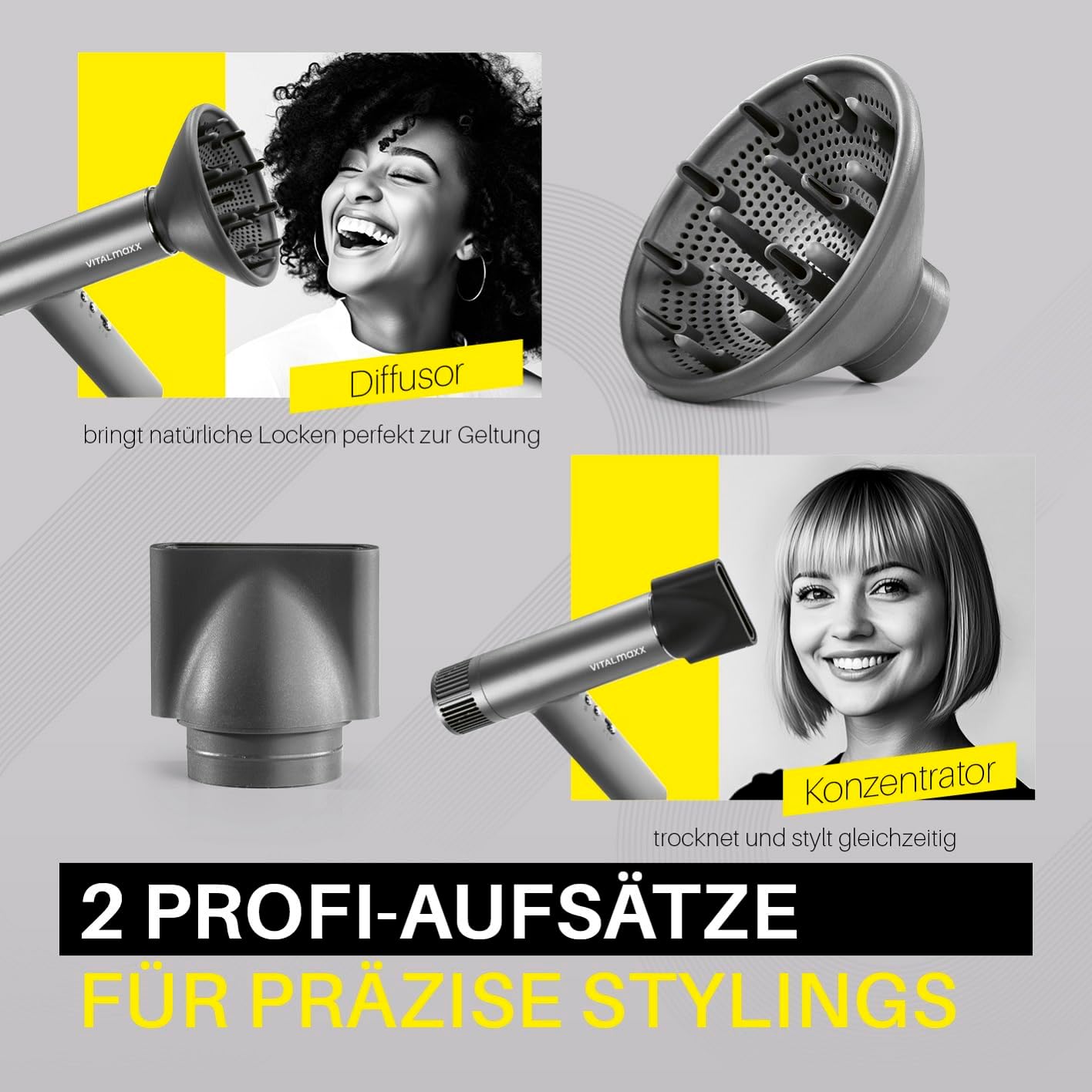 STYLE & SHINE by VITALmaxx Slim Hairdryer - Ionen Föhn mit BLDC-Motor | Haartrockner mit 3 Temperaturstufen & 2 Geschwindigkeiten | 2 Aufsätze und digitales Display | 1500W Hairstyler – extra leise — Ansicht 4