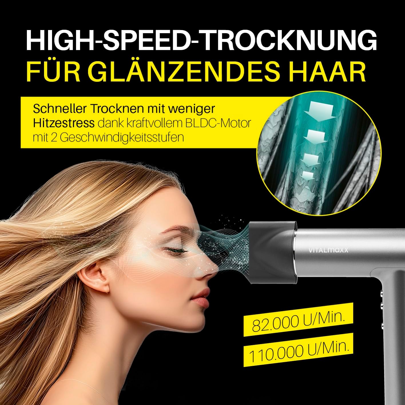 STYLE & SHINE by VITALmaxx Slim Hairdryer - Ionen Föhn mit BLDC-Motor | Haartrockner mit 3 Temperaturstufen & 2 Geschwindigkeiten | 2 Aufsätze und digitales Display | 1500W Hairstyler – extra leise — Ansicht 5