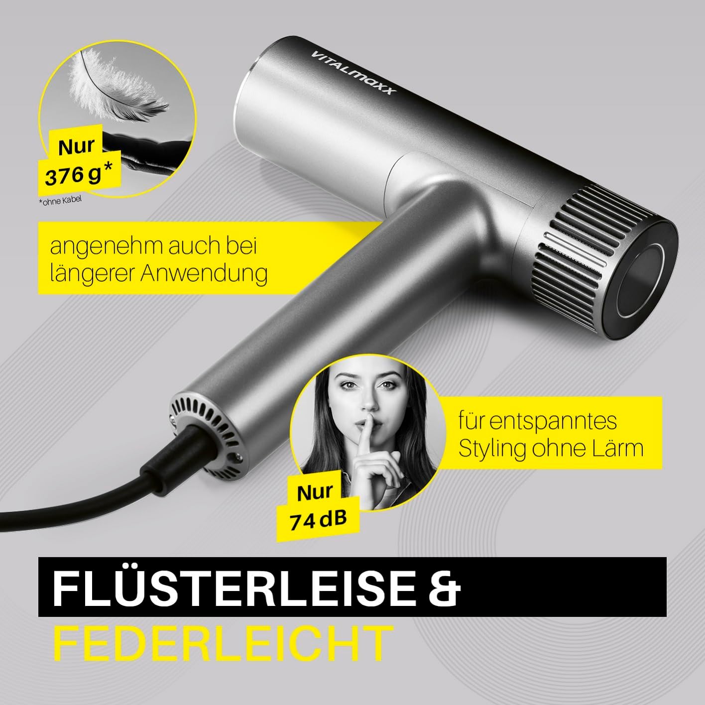 STYLE & SHINE by VITALmaxx Slim Hairdryer - Ionen Föhn mit BLDC-Motor | Haartrockner mit 3 Temperaturstufen & 2 Geschwindigkeiten | 2 Aufsätze und digitales Display | 1500W Hairstyler – extra leise — Ansicht 6