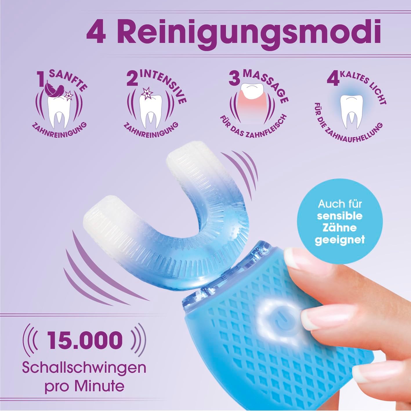 VITALmaxx 360° Schall-Zahnbürste mit 4 Modi | Freihändiges Putzen | 15.000 Schallschwingungen | Weiche Silikon-Borsten + Zahnfleischmassage | Schnelle & gründliche Reinigung | USB-Ladung — Ansicht 2
