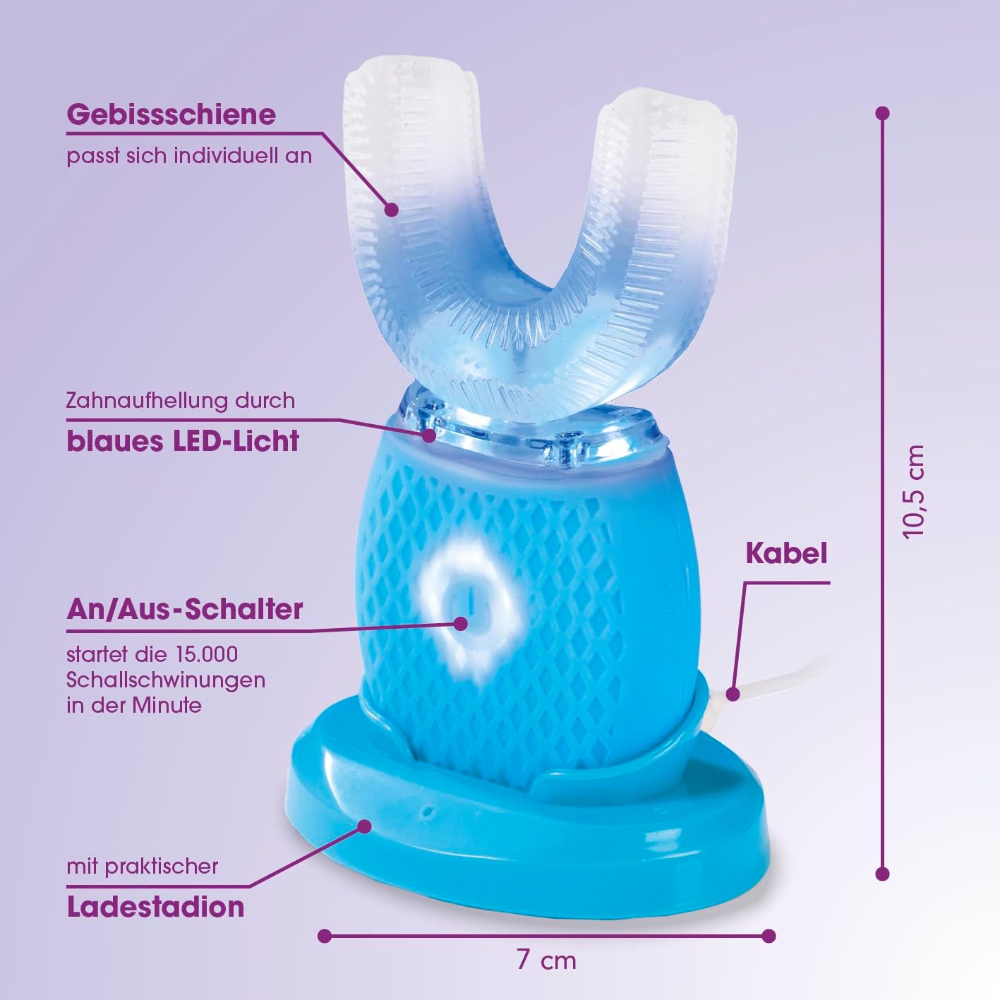 VITALmaxx 360° Schall-Zahnbürste mit 4 Modi | Freihändiges Putzen | 15.000 Schallschwingungen | Weiche Silikon-Borsten + Zahnfleischmassage | Schnelle & gründliche Reinigung | USB-Ladung — Ansicht 6
