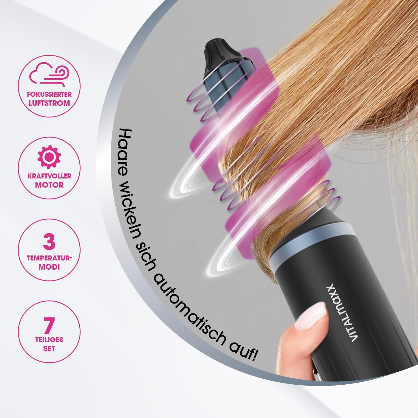 VITALmaxx Air Curler Plus 6-in-1 | Innovative Luftstrom-Technik | Multi-Styler mit Lockendreher, Haartrockner, Streichbürste & Diffusor - Trocknen, Stylen, Locken kreieren | 1500W [Schwarz] — Ansicht 2
