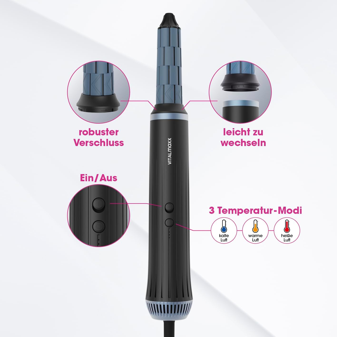 VITALmaxx Air Curler Plus 6-in-1 | Innovative Luftstrom-Technik | Multi-Styler mit Lockendreher, Haartrockner, Streichbürste & Diffusor - Trocknen, Stylen, Locken kreieren | 1500W [Schwarz] — Ansicht 5