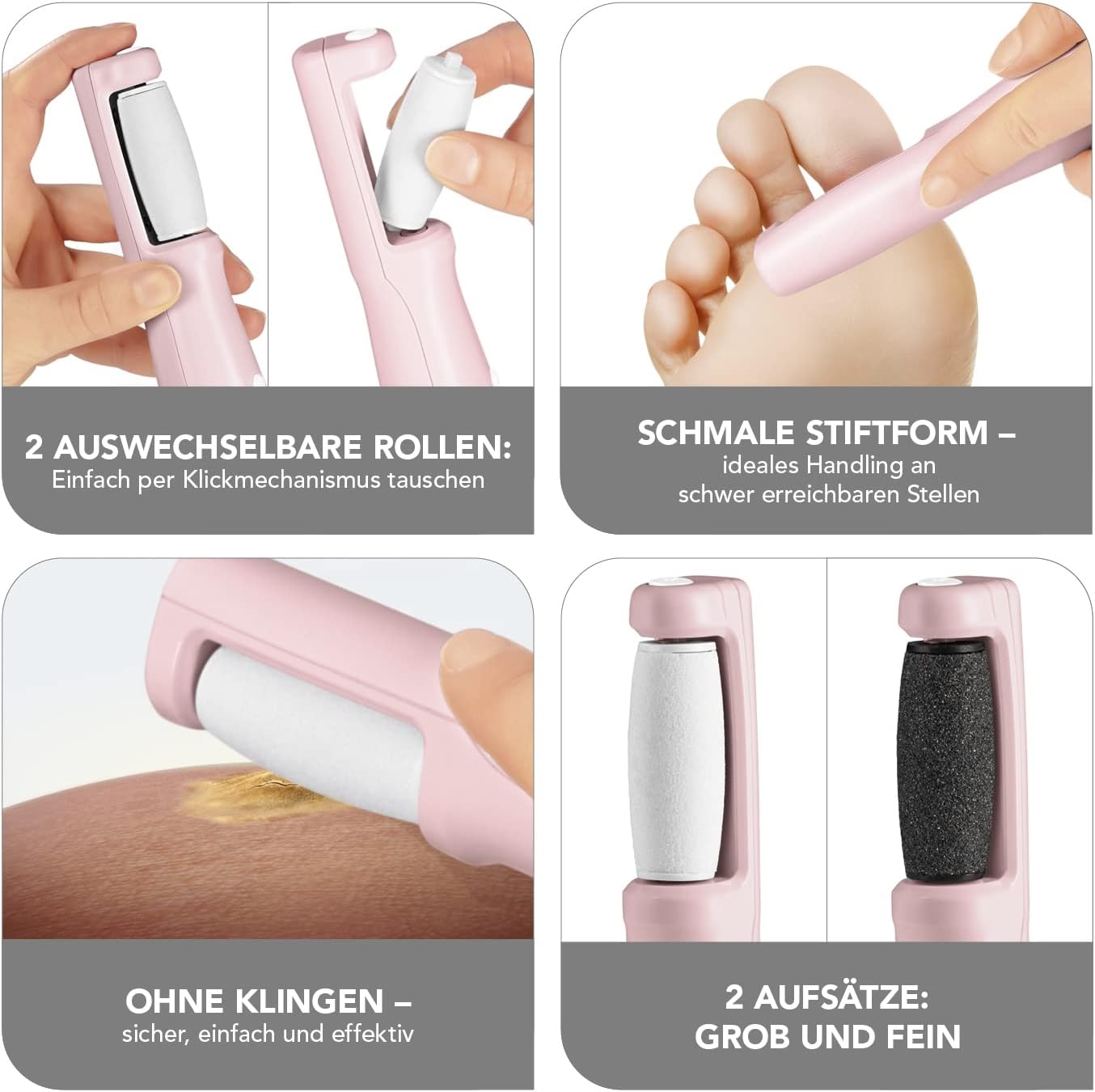 VITALmaxx Ersatzrollen Set 4 tlg. für den elektrischen Hornhautentferner | 2 grobe und 2 feine Rollen für feines Abtragen von Hornhaut und Schwielen | [weiß/schwarz] — Ansicht 2