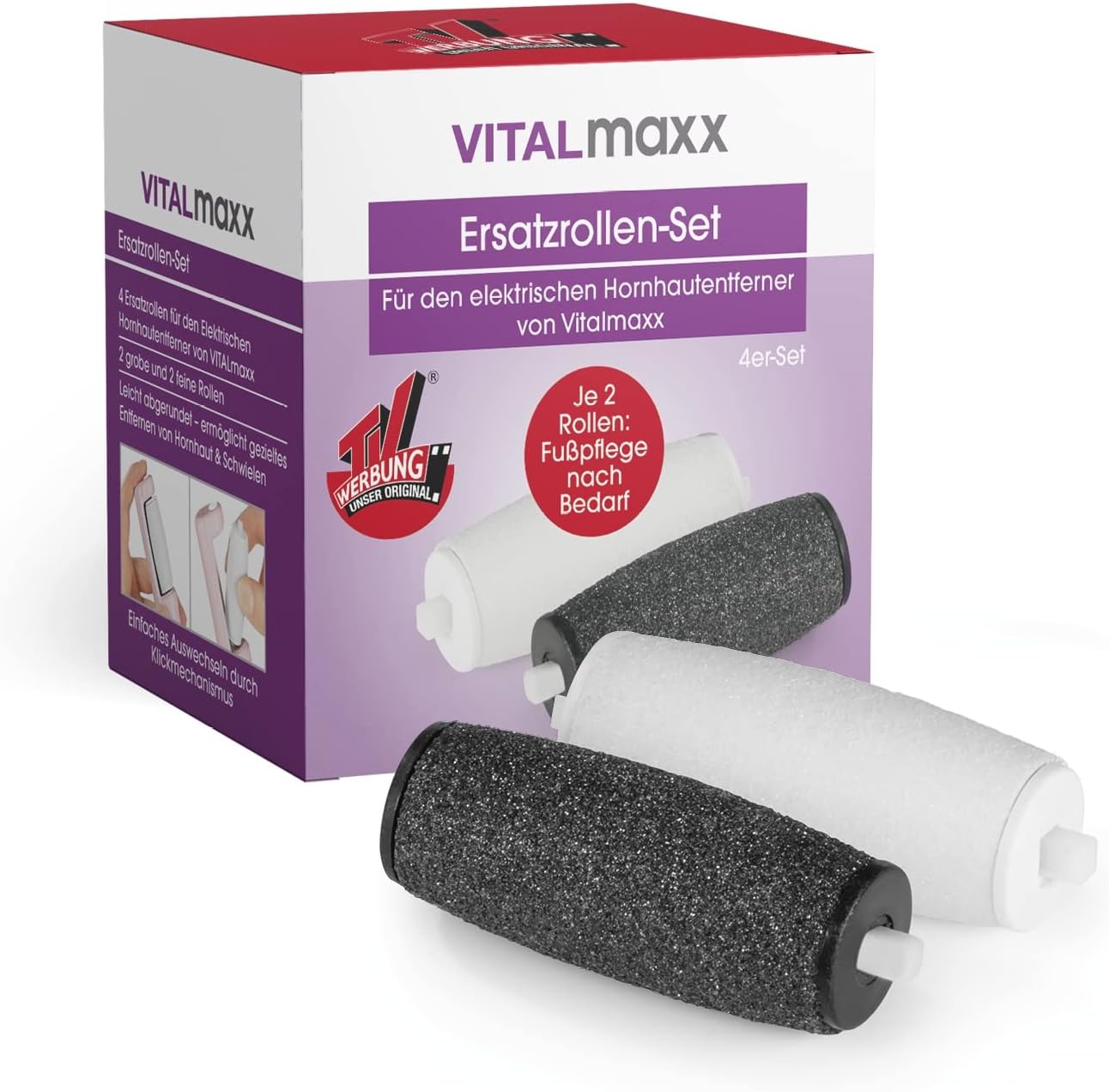 VITALmaxx Ersatzrollen Set 4 tlg. für den elektrischen Hornhautentferner | 2 grobe und 2 feine Rollen für feines Abtragen von Hornhaut und Schwielen | [weiß/schwarz] — Ansicht 3