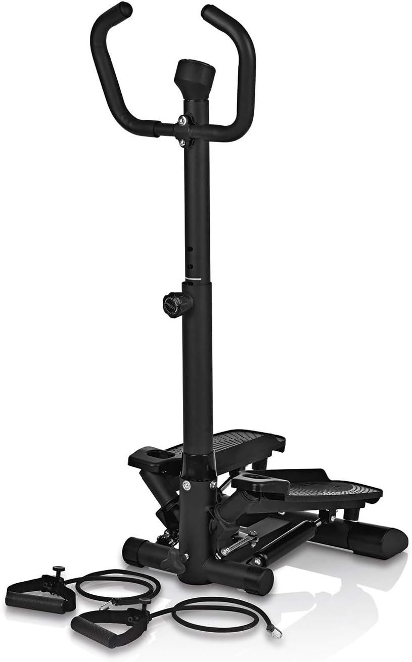 VITALmaxx Fitnesstrainer Swing Stepper mit 2 Expanderbändern | Trainiert die Beinmuskeln und fördert die Ausdauer | Mit höhenverstellbarem Handgriff | Maximale Belastung ca. 100 kg [schwarz]