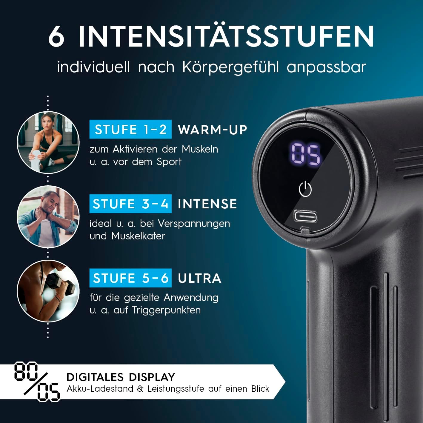 VITALmaxx Massage-Gun mit 6 Stufen | Massagegerät mit 4 Aufsätzen | Akkubetrieben bis 90 Min Laufzeit und USB-C aufladbar | Besonders leicht und handlich für unterwegs und den Sport [schwarz/silber] — Ansicht 3
