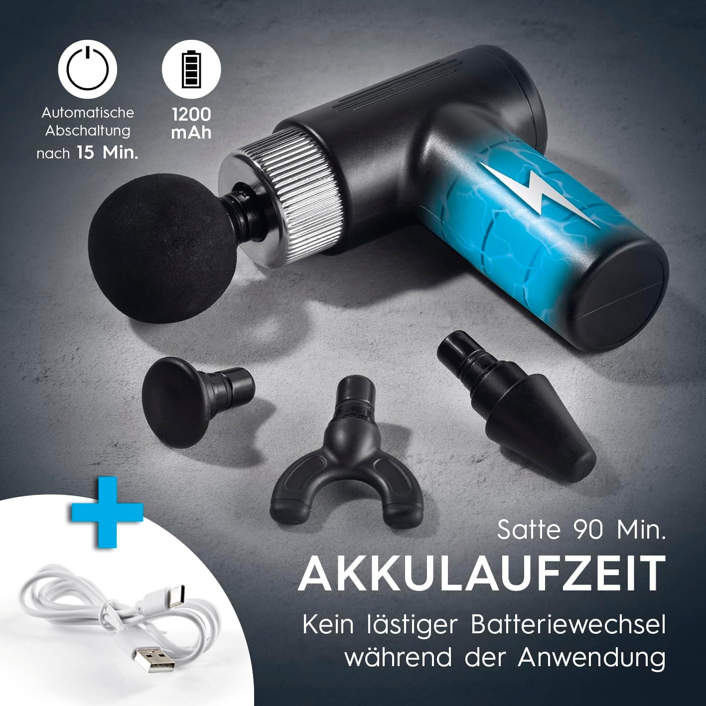 VITALmaxx Massage-Gun mit 6 Stufen | Massagegerät mit 4 Aufsätzen | Akkubetrieben bis 90 Min Laufzeit und USB-C aufladbar | Besonders leicht und handlich für unterwegs und den Sport [schwarz/silber] — Ansicht 4