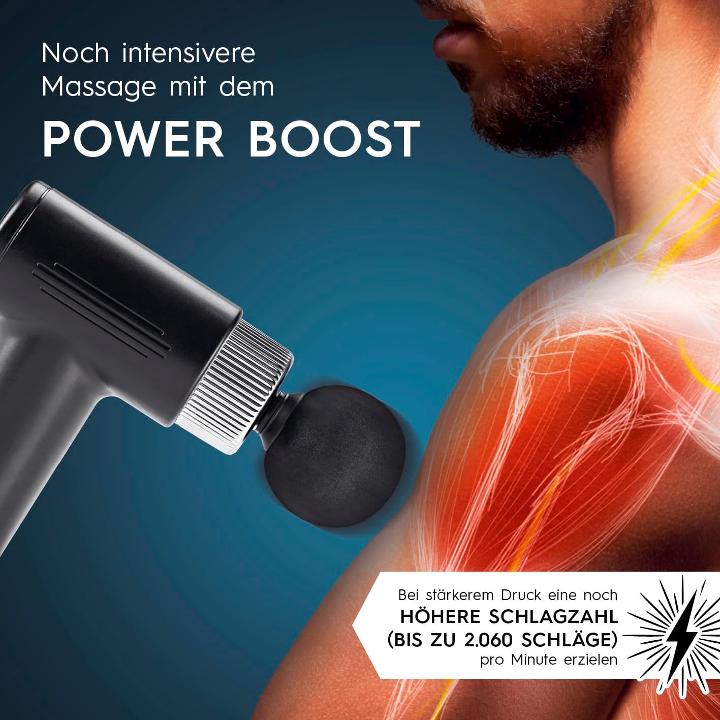 VITALmaxx Massage-Gun mit 6 Stufen | Massagegerät mit 4 Aufsätzen | Akkubetrieben bis 90 Min Laufzeit und USB-C aufladbar | Besonders leicht und handlich für unterwegs und den Sport [schwarz/silber] — Ansicht 5