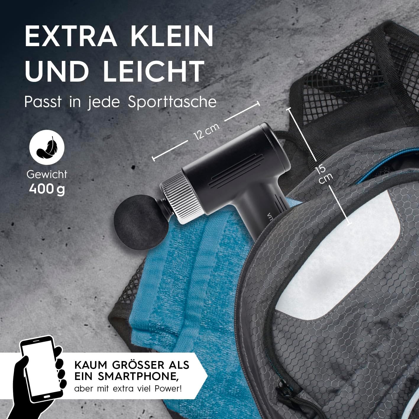 VITALmaxx Massage-Gun mit 6 Stufen | Massagegerät mit 4 Aufsätzen | Akkubetrieben bis 90 Min Laufzeit und USB-C aufladbar | Besonders leicht und handlich für unterwegs und den Sport [schwarz/silber] — Ansicht 6