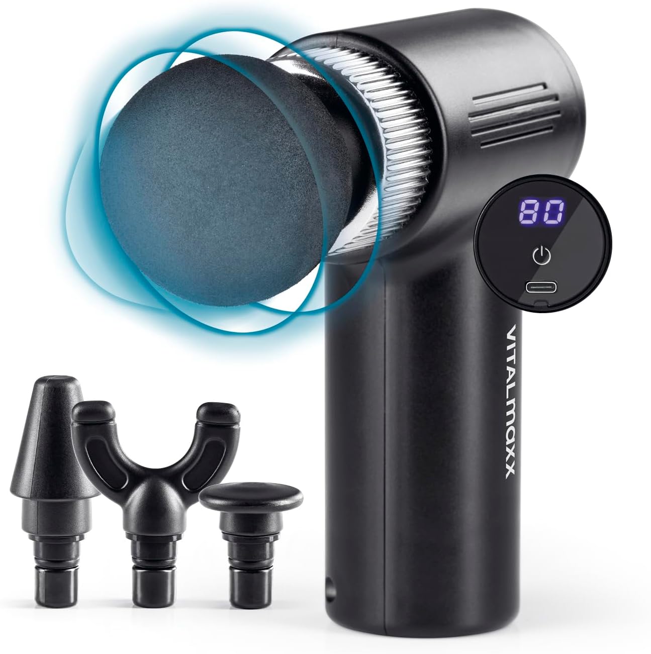 VITALmaxx Massage-Gun mit 6 Stufen | Massagegerät mit 4 Aufsätzen | Akkubetrieben bis 90 Min Laufzeit und USB-C aufladbar | Besonders leicht und handlich für unterwegs und den Sport [schwarz/silber]