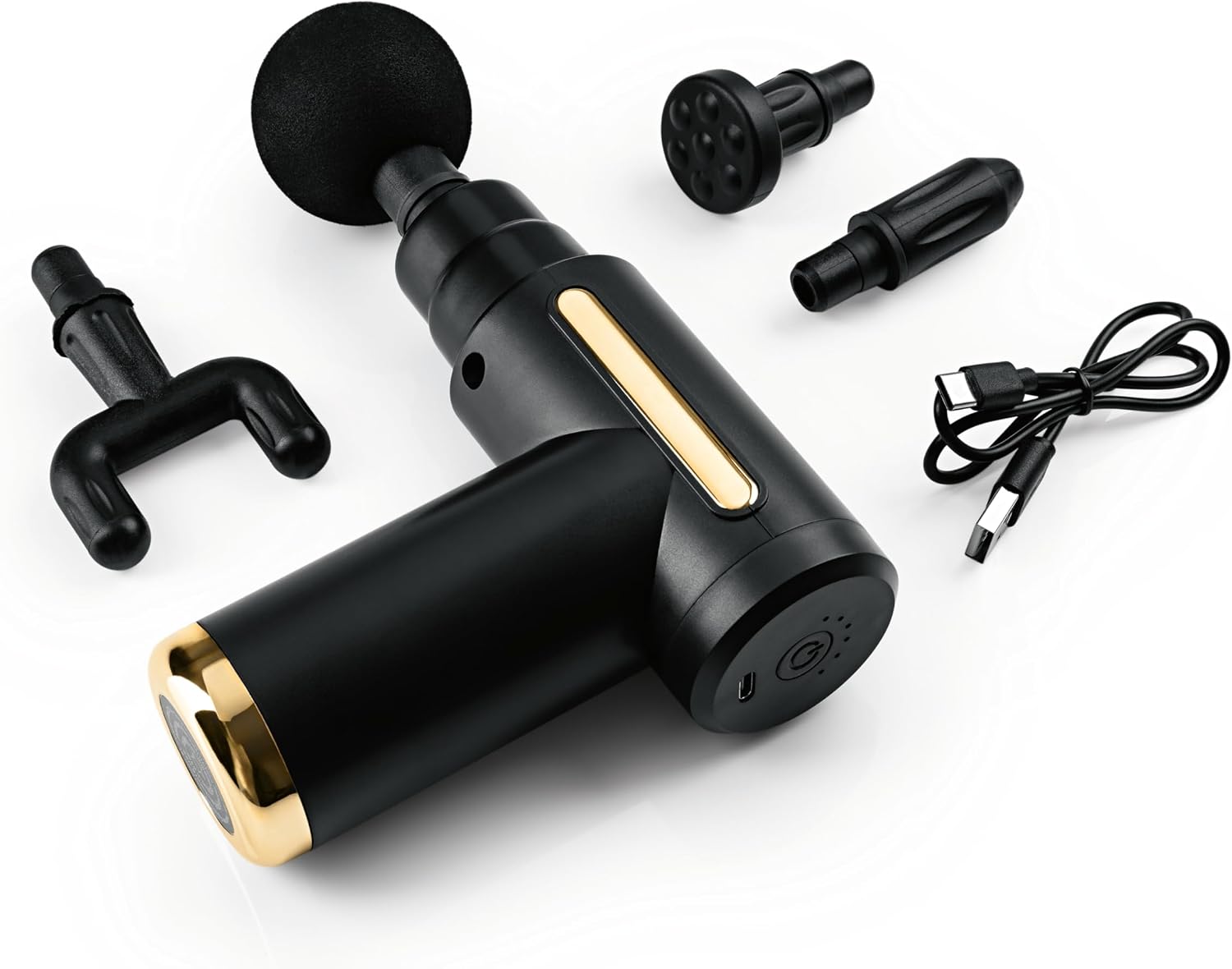 VITALmaxx Mini-Massagepistole mit 4 Ausätzen | Massage Gun mit 6 Leistungsstufen | Zur Muskelmassage & Lockerung von Verspannungen | Massagegerät für Zuhause & ideal für Unterwegs | Schwarz/Gold — Ansicht 2