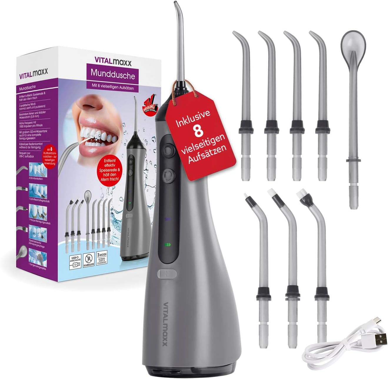 VITALmaxx Munddusche | elektrische Zahndusche - 8 Aufsätze, Wassertank | Zahnreiniger kabellos mit Timer & 3 Modi zur effektiven Mundspülung | Water Flosser, Zungenreiniger & Zahnsteinentferner in 1
