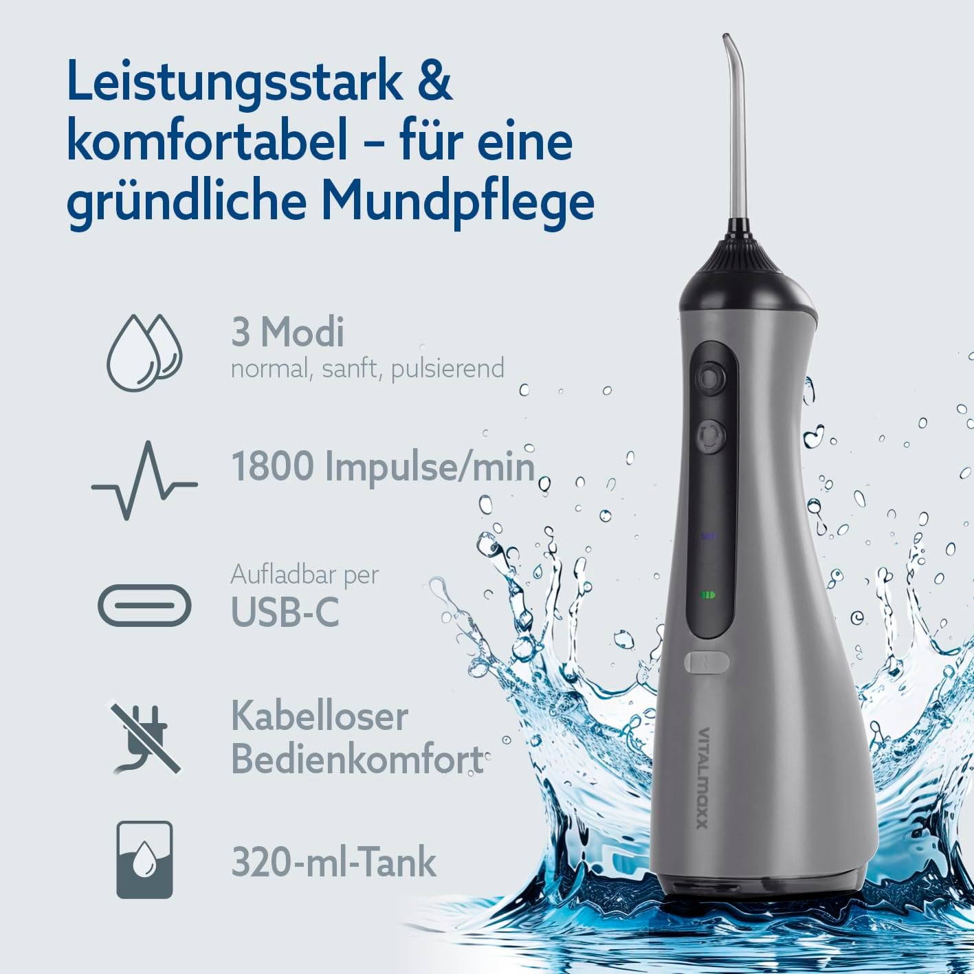 VITALmaxx Munddusche | elektrische Zahndusche - 8 Aufsätze, Wassertank | Zahnreiniger kabellos mit Timer & 3 Modi zur effektiven Mundspülung | Water Flosser, Zungenreiniger & Zahnsteinentferner in 1 — Ansicht 2