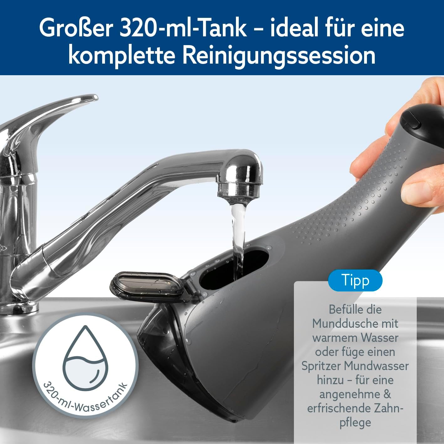 VITALmaxx Munddusche | elektrische Zahndusche - 8 Aufsätze, Wassertank | Zahnreiniger kabellos mit Timer & 3 Modi zur effektiven Mundspülung | Water Flosser, Zungenreiniger & Zahnsteinentferner in 1 — Ansicht 6
