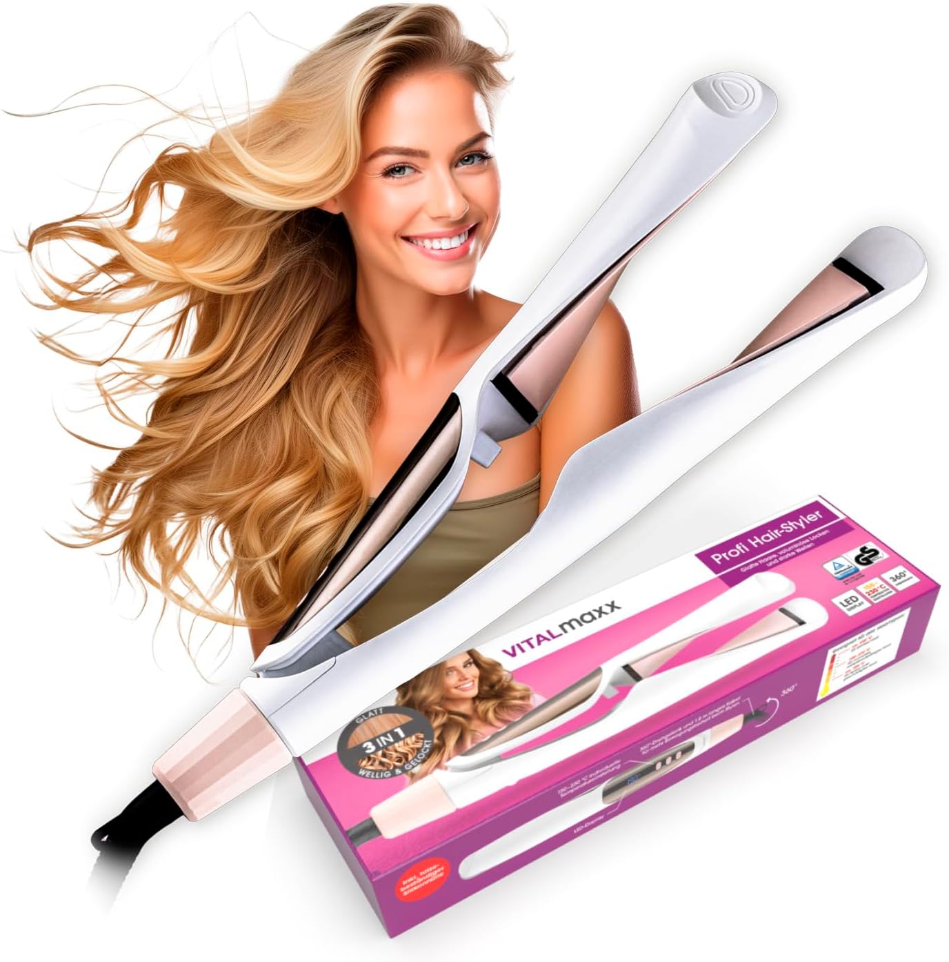 VITALmaxx Profi Hair Styler | 3in1 Lockenstab, Glätteisen & Welleneisen mit LED Display | Temperaturen von 150-230 °C | 360° Drehgelenk & 1,8 m langes Kabel | Ersetzt Lockenwickler