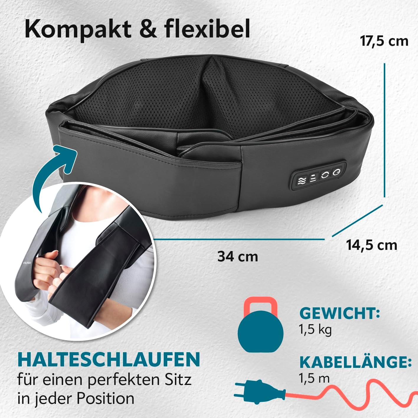 VITALmaxx Shiatsu Nackenmassagegerät | Massagegerät für Schultern, Nacken, Rücken, Beine | Massage mit Wärmefunktion, Knetmassage & Druckmassage | 8 rotierende Massagebälle, schwarz — Ansicht 6