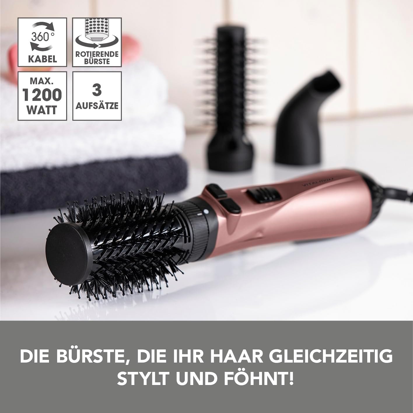 VITALmaxx Stylingbürste mit 3 Aufsätzen | Lockenstab, Föhn & Glätteisen in einem | 2 Geschwindigkeitsstufen & 3 unterschiedliche Hitzestufen | 360° drehbares Kabel [anthrazit/rosegold] — Ansicht 2