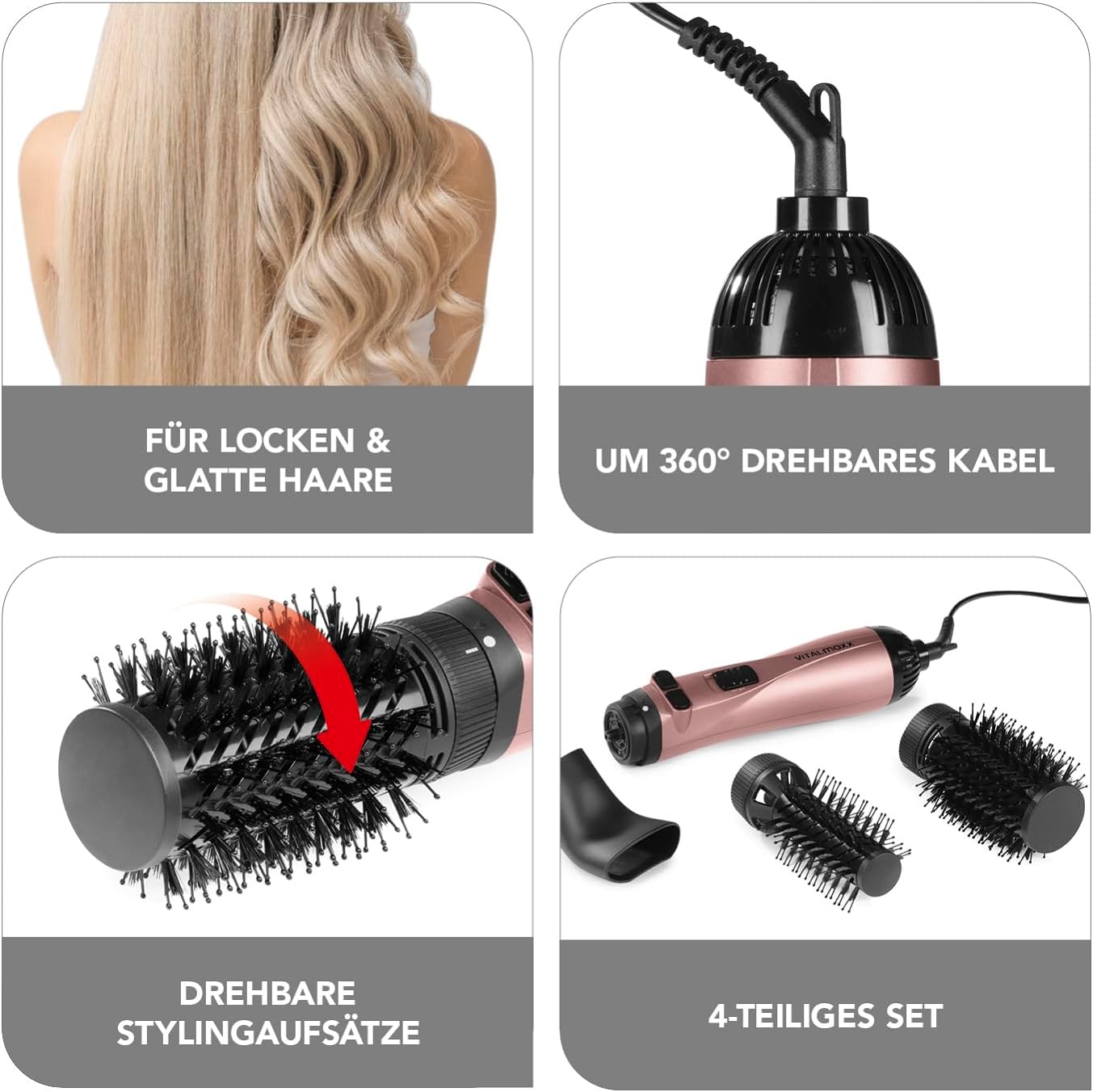 VITALmaxx Stylingbürste mit 3 Aufsätzen | Lockenstab, Föhn & Glätteisen in einem | 2 Geschwindigkeitsstufen & 3 unterschiedliche Hitzestufen | 360° drehbares Kabel [anthrazit/rosegold] — Ansicht 4
