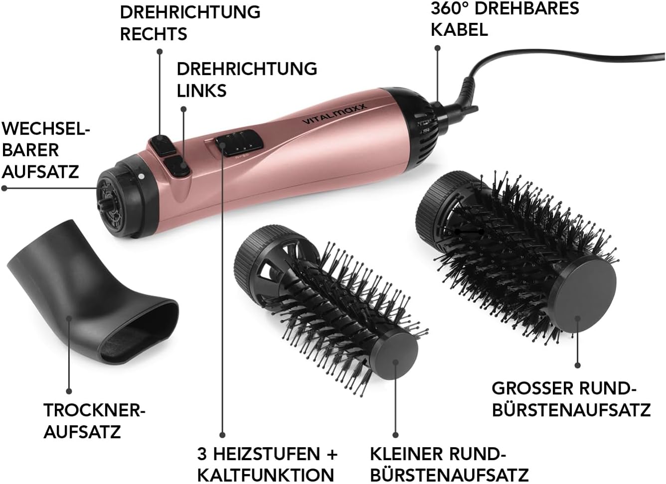 VITALmaxx Stylingbürste mit 3 Aufsätzen | Lockenstab, Föhn & Glätteisen in einem | 2 Geschwindigkeitsstufen & 3 unterschiedliche Hitzestufen | 360° drehbares Kabel [anthrazit/rosegold] — Ansicht 5