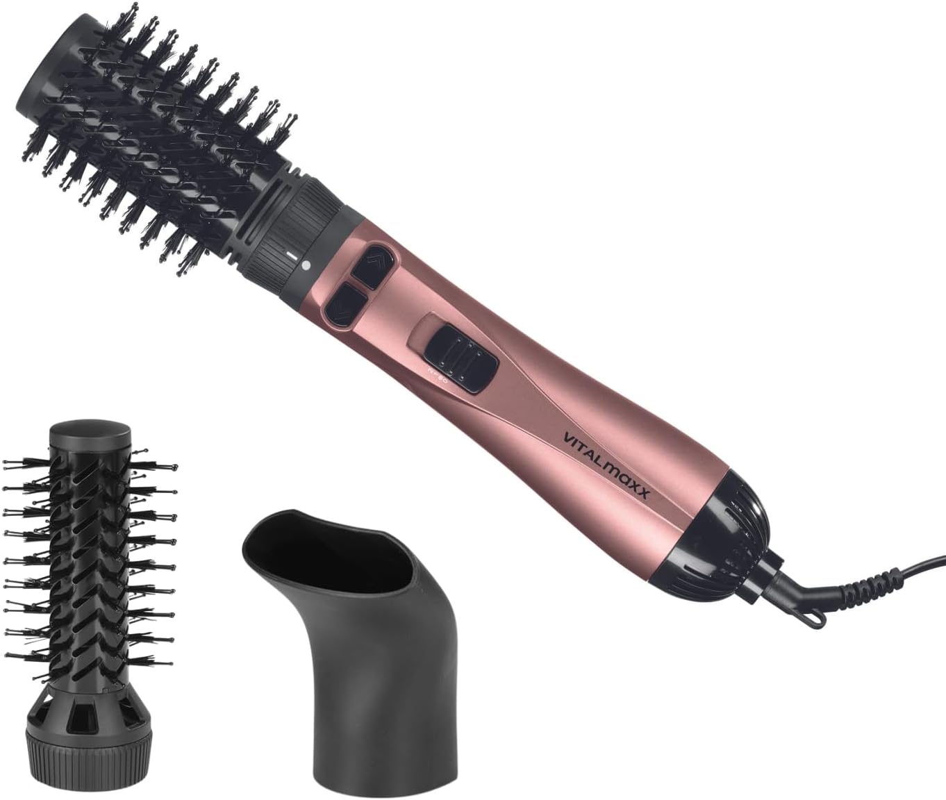 VITALmaxx Stylingbürste mit 3 Aufsätzen | Lockenstab, Föhn & Glätteisen in einem | 2 Geschwindigkeitsstufen & 3 unterschiedliche Hitzestufen | 360° drehbares Kabel [anthrazit/rosegold]