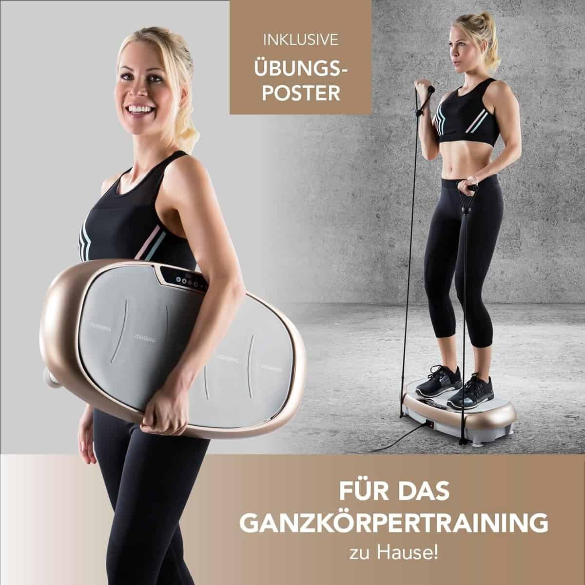 Eine Frau in Sportkleidung demonstriert eine Vibrationsplatte, hält Widerstandsbänder und wirbt für Ganzkörpertraining zu Hause.